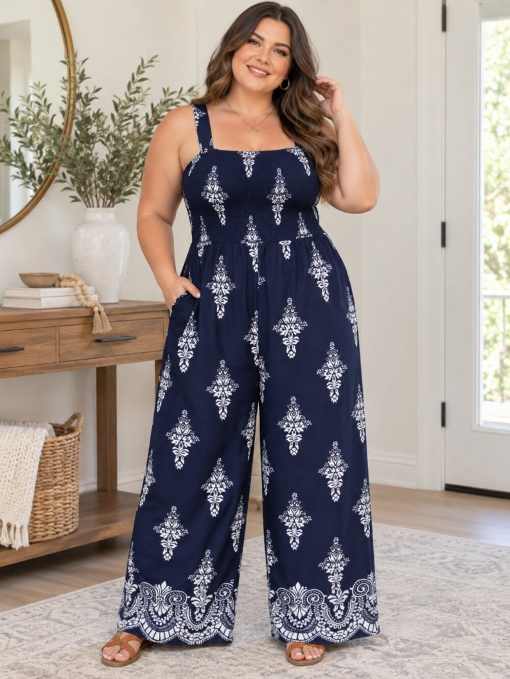 SHEIN Clasi Curve Navy White Print Smocked Wide Leg Jumpsuit Plus 1XL